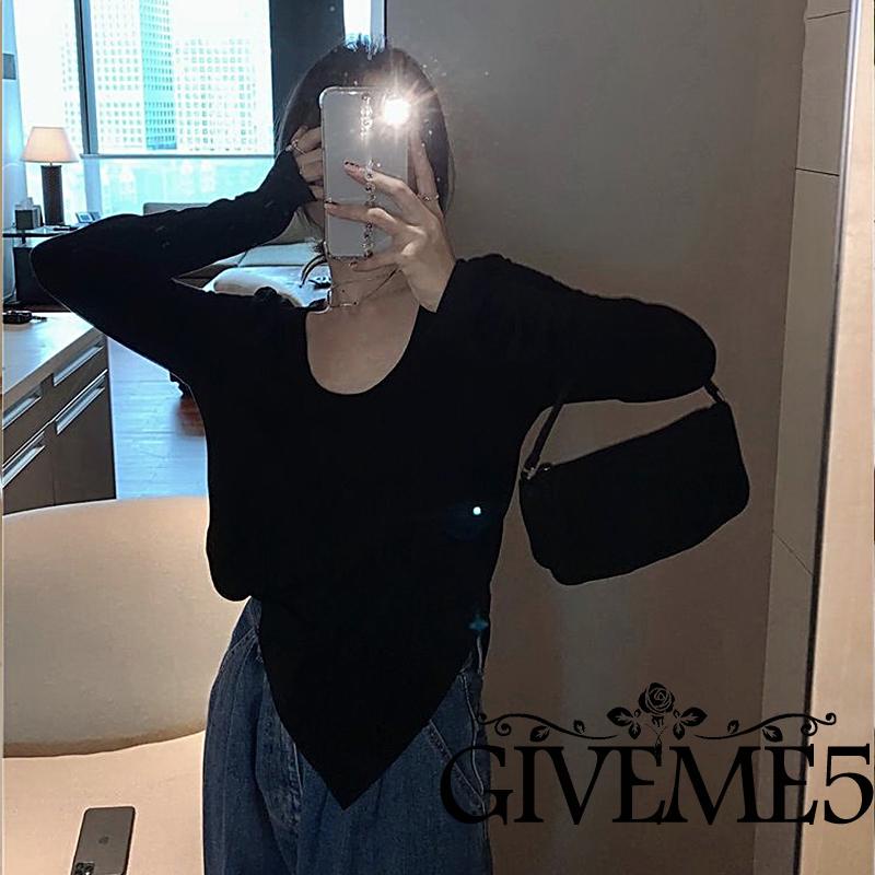 Giveme Áo Thun Nữ Tay Dài Cổ Tròn Màu Sắc Đơn Giản