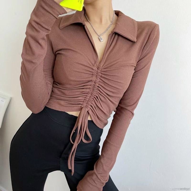 Áo thun nữ tay dài rút dây, cổ bẻ - Chất vải dày, co giãn cực tốt