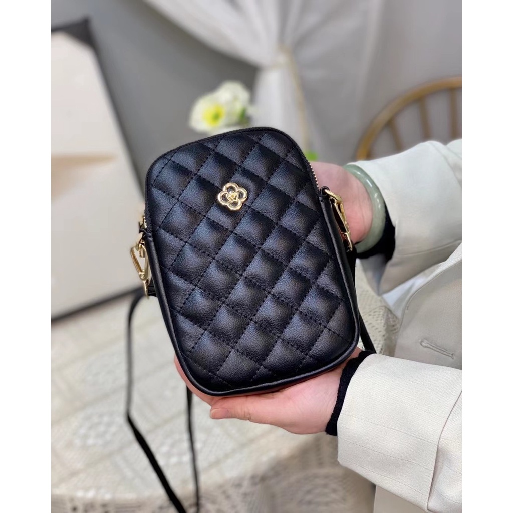 Túi đeo chéo nữ mini đựng điện thoại da PU màu đen vân dập nổi thời trang 3001
