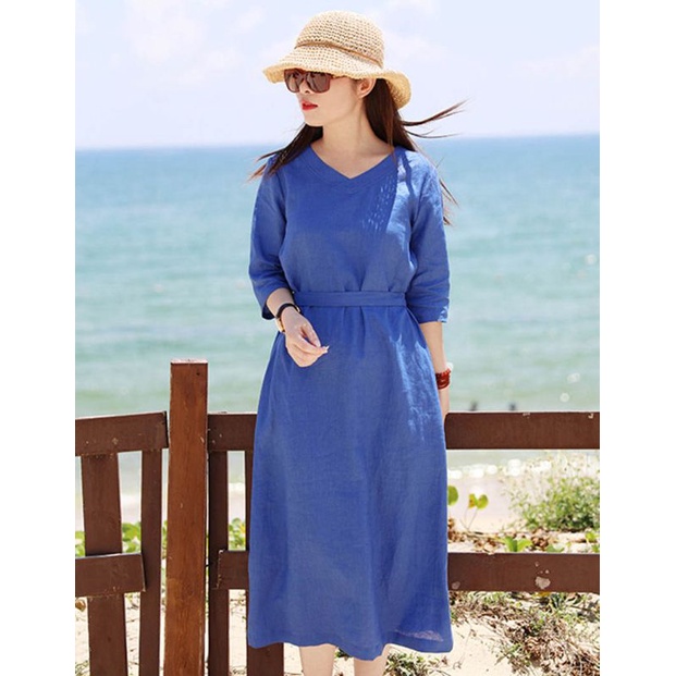 Đầm linen dáng suông xanh cô ban cổ tim tay lỡ đủ sz S đến XL 45-63kg