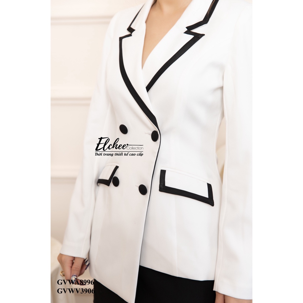 Áo vest công sở thiết kế - Áo vest trắng viền đen thiết kế cao cấp dáng ôm tà lệch Elchee Collection | BigBuy360 - bigbuy360.vn
