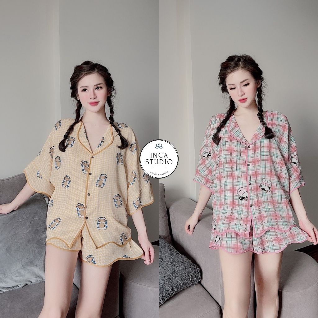 (Cam kết loại 1) Đồ ngủ Pyjama lụa mango họa tiết cao cấp INCA05- Free size dưới 65kg, Lụa mango thoáng mát