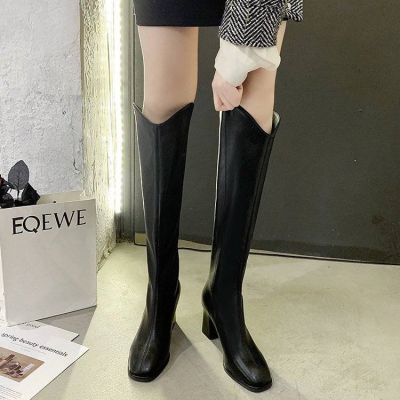 Knight boots for children2021New Internet Celebrity Soft Leather White Autumn and Winter below the Knee plus Velvet High Boots