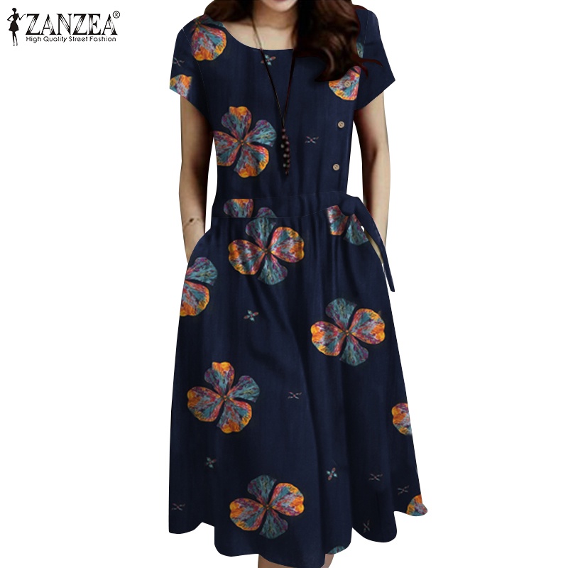 ZANZEA Đầm Midi Cổ Tròn In Họa Tiết Vintage Thời Trang Cho Nữ