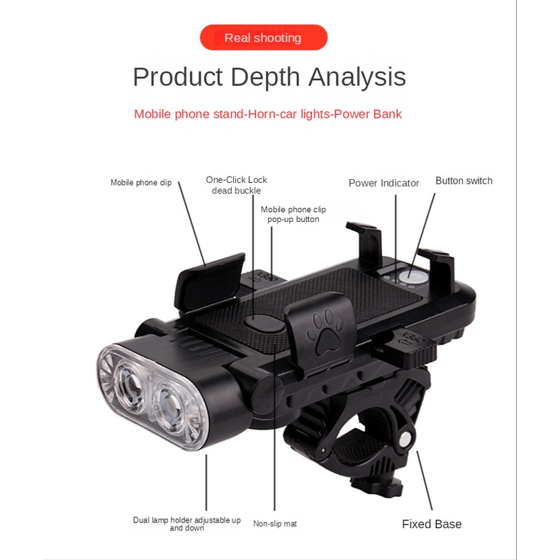 Đèn Pin 4000mAh 4 Trong 1 Tích Hợp Giá Đỡ Điện Thoại Và Còi Sạc USB Dành Cho Xe Đạp