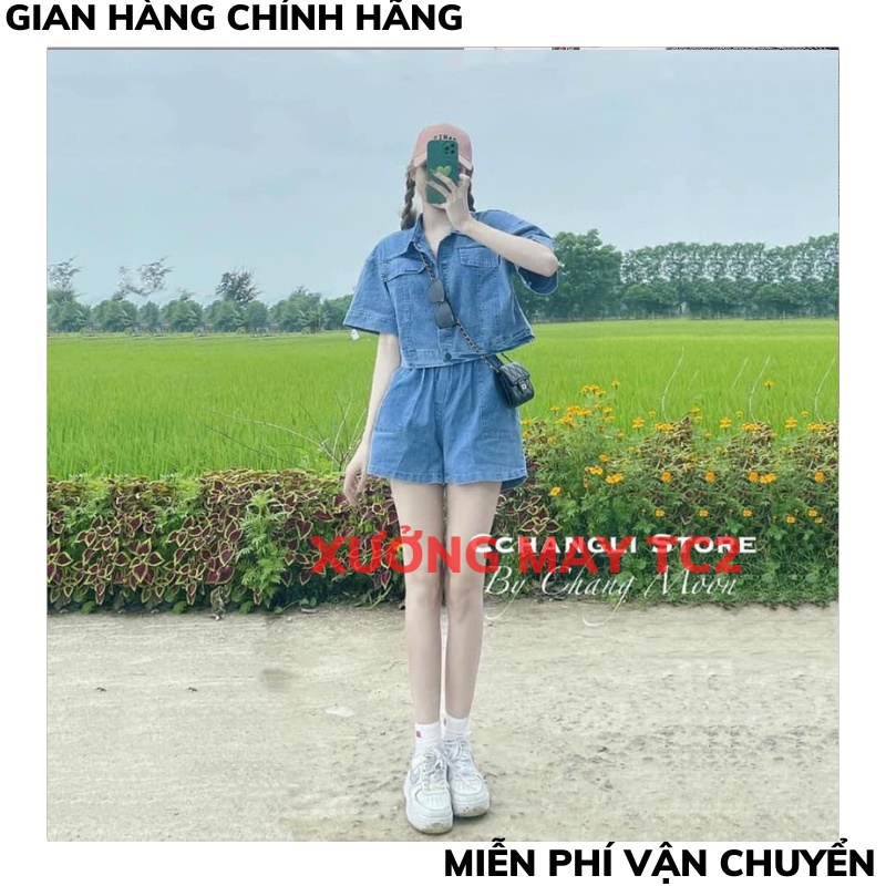 Áo croptop bò kèm quần - sơ mi bò tay ngắn tay về 2 màu ulzzang hàn quốc XƯỞNGMAYTC2