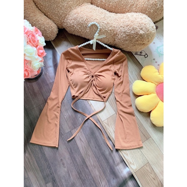 Áo tay dài cổ tim khoen ngực cột dây gân tay dài croptop mẫu mới siêu quyến rũ