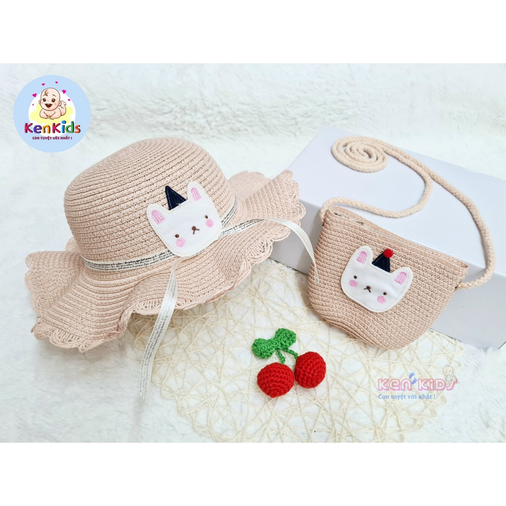 Set Nón mũ cói kèm túi xách hình động vật đáng yêu cho bé gái (2-6t)