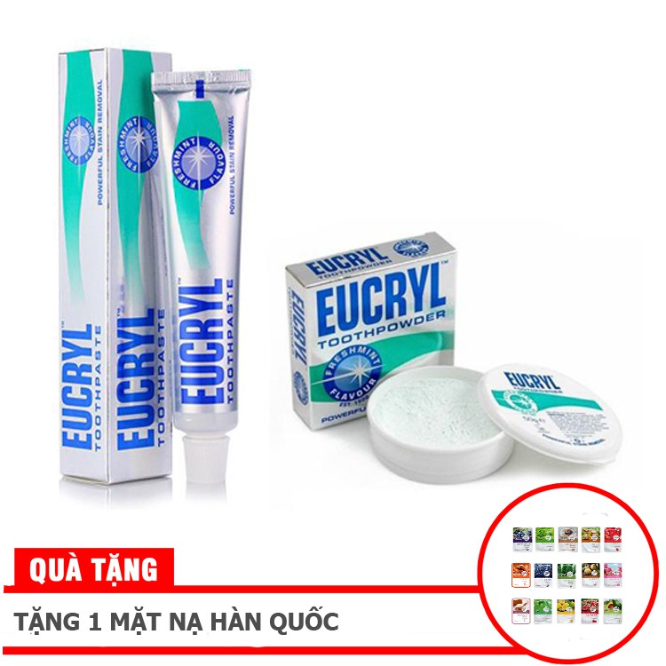 Combo Kem trắng răng và bột tẩy trắng răng EUCRYL (62g+50g) Tặng 1 mặt nạ Hàn Quốc