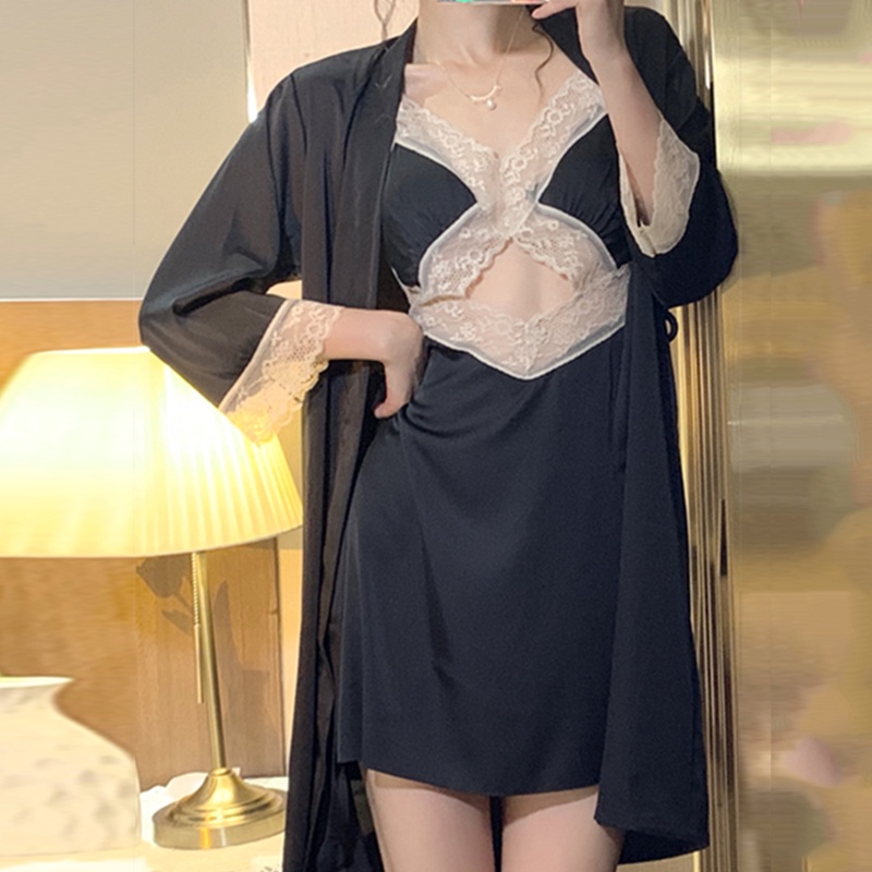 Đầm ngủ hai dây cổ chữ V viền ren phong cách Hàn Quốc quyến rũ cho nữ