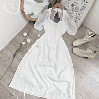 đầm midi trắng tay voan