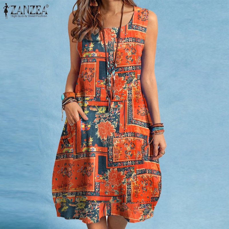Đầm ngắn Zanzea không tay in họa tiết vintage cho nữ