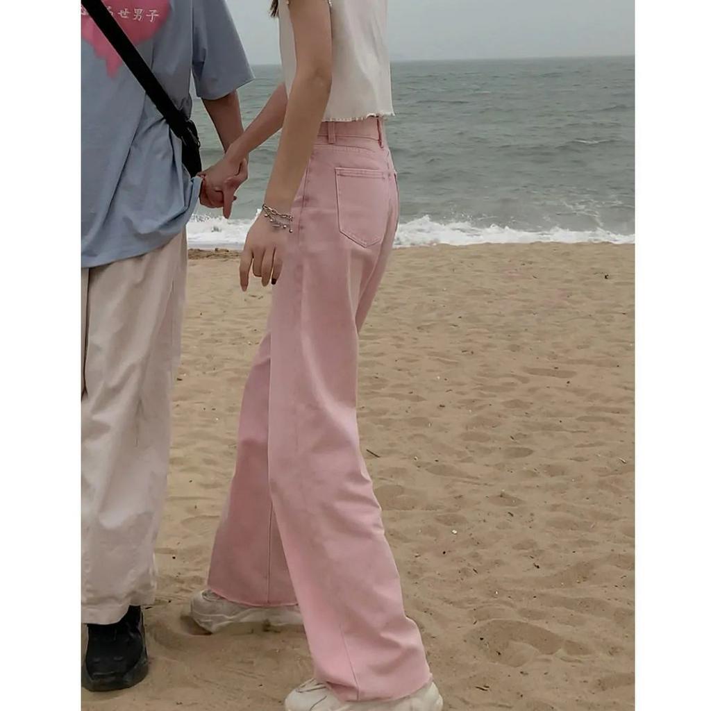 Quần jean dài cạp cao ống rộng phong cách mùa hè 2021 cho nữ