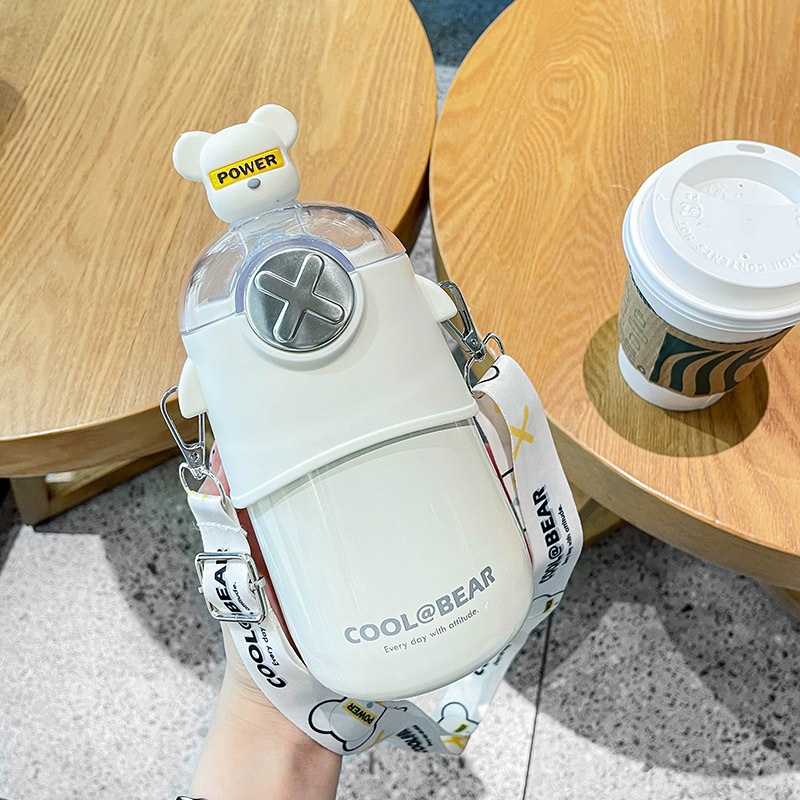 Bình nước giữ nhiệt Cool Bear Power nắp bấm ống hút silicon kiểu dáng dễ thương kèm dây đeo,mang đi học đi làm,quà tặng