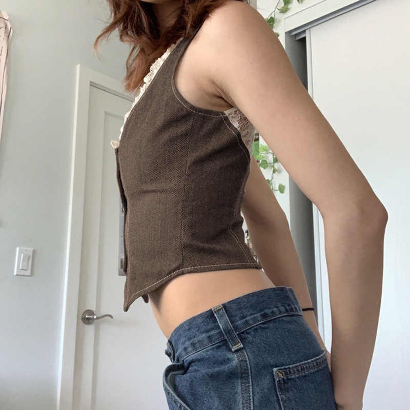 Áo Croptop Sát Nách Cài Nút Phối Ren Kiểu Retro Gợi Cảm Dễ Phối Đồ
