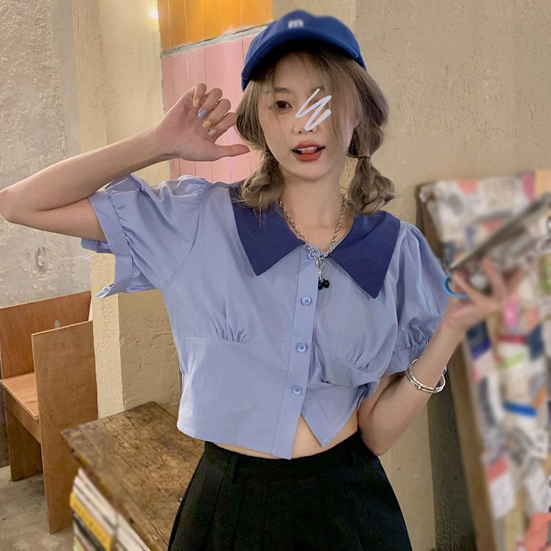 Áo Thun Crop Top Tay Ngắn Phồng Một Hàng Nút Cổ Bẻ Màu Sắc Ngọt Ngào Phong Cách Hàn Quốc Cho Nữ