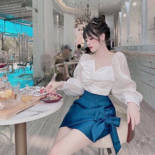 Set áo cổ nơ tay lưới và chân váy xanh coban