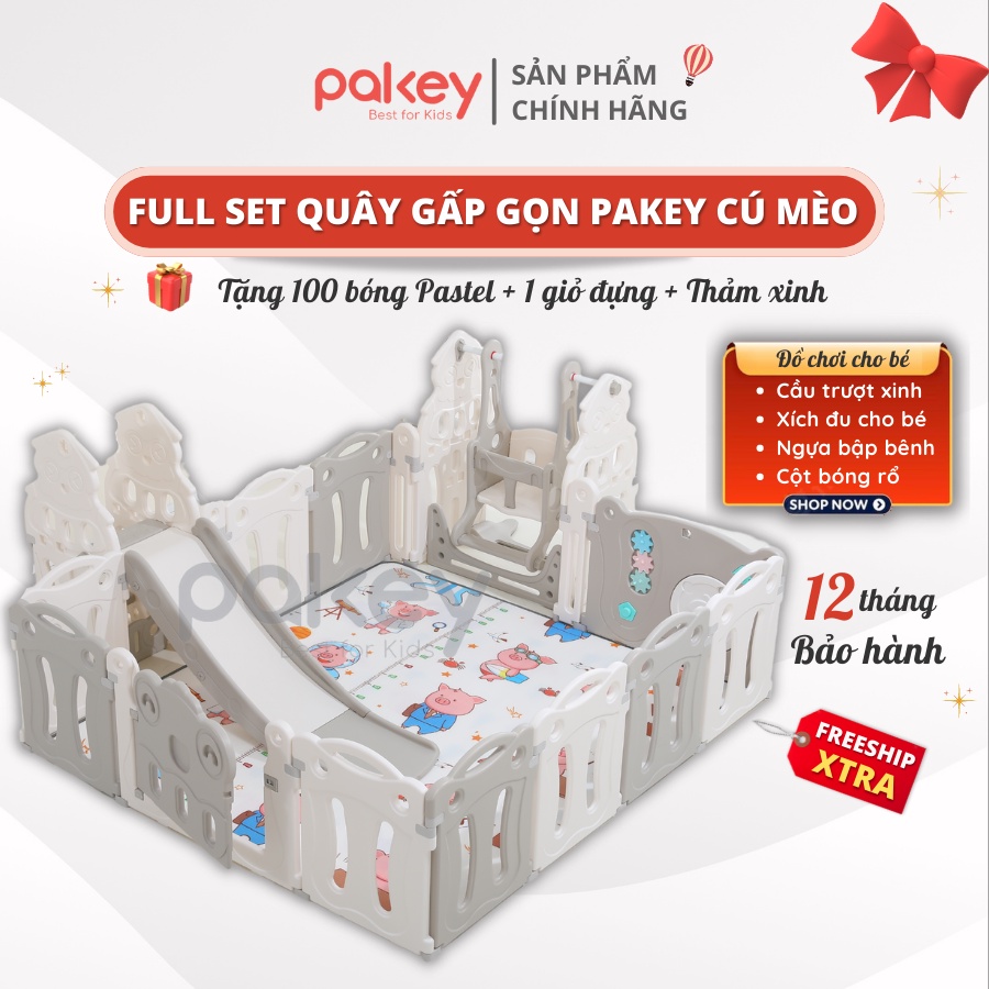 Quây cũi nhựa liên hoàn 8 món Cú mèo CÓ BÓNG RỔ, [Tặng kèm 100 bóng, 1 thảm dày và 1 giỏ đựng bóng]