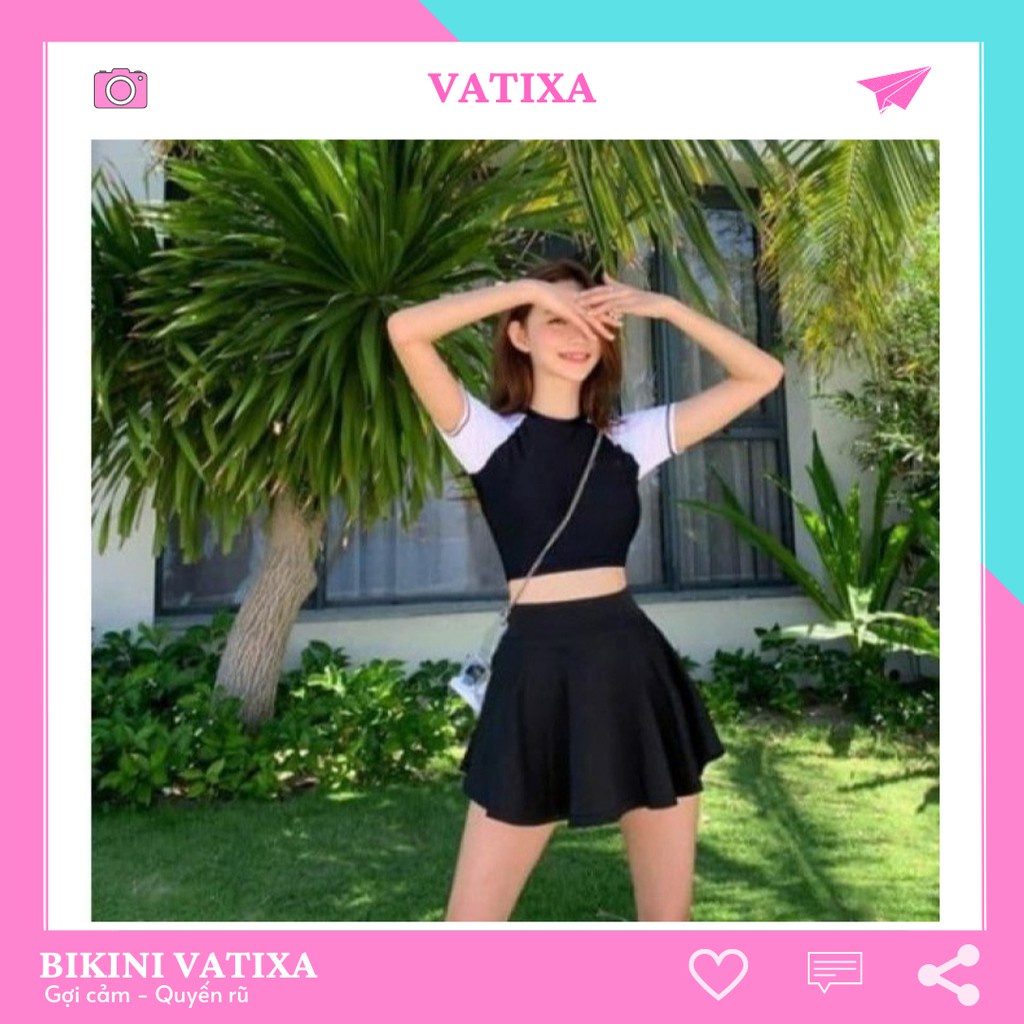 Đồ bơi bikini nữ kín đáo áo croptop đen tay ngắn phối chân váy VATIXA BKN49 !