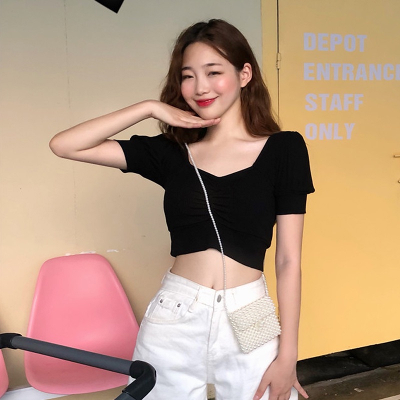 Áo Croptop Dệt Kim Tay Ngắn Thiết Kế Cổ Chữ V Màu Sắc Thanh Lịch