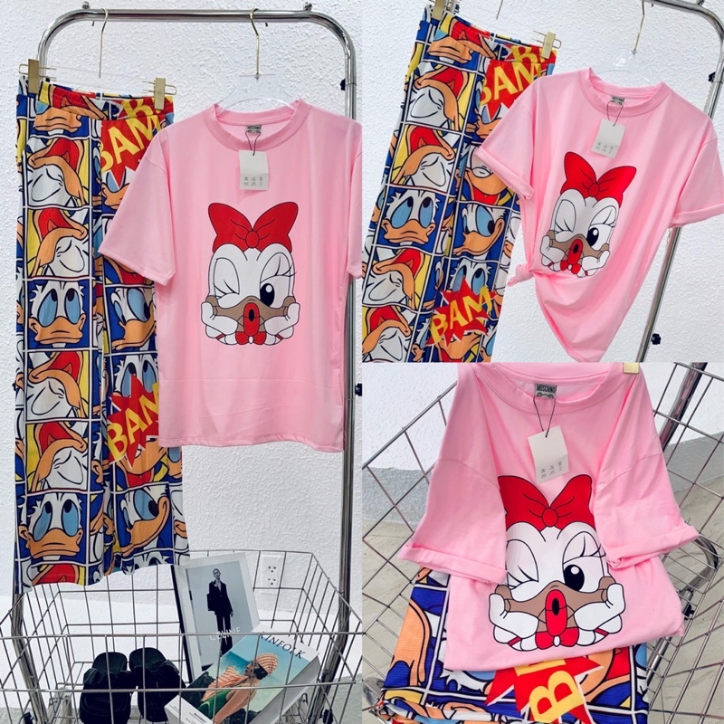 Set áo cotton hồng vịt đáng yêu quần suông xinh xắn hình và video thật N4