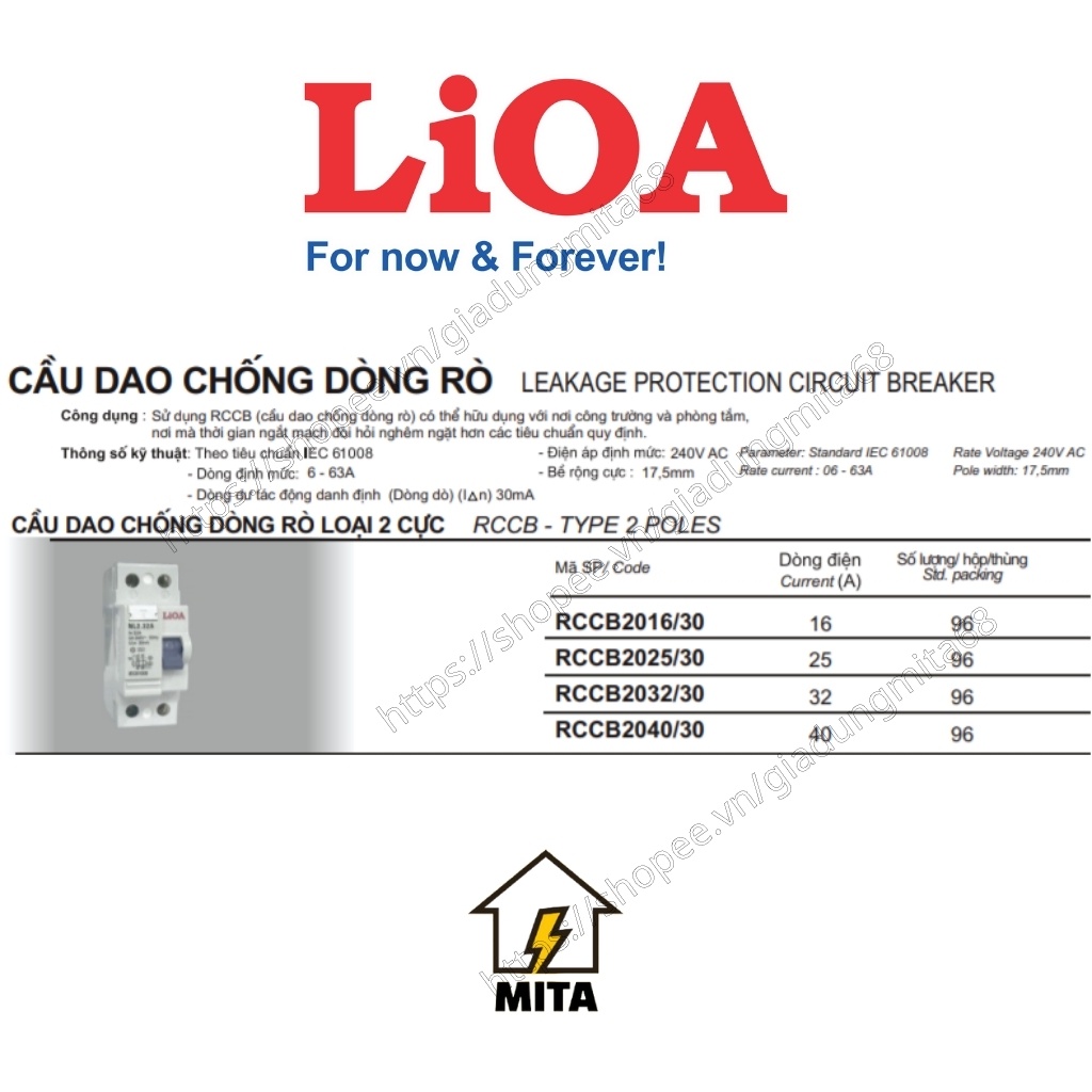 Aptomat Chống Giật LiOA - CB Chống Dòng Rò - Át Chống Giật - MITA