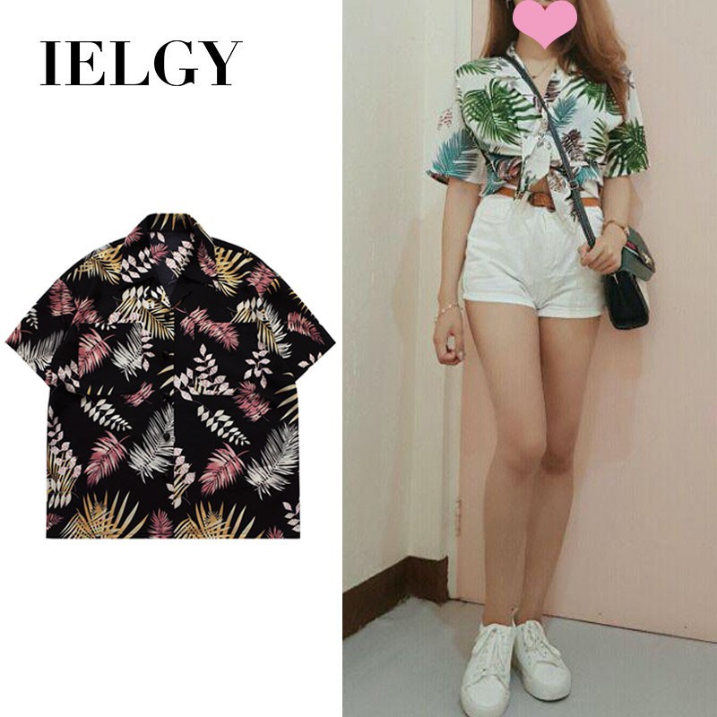 Áo sơ mi tay ngắn họa tiết lá trẻ trung thời trang cho nữ