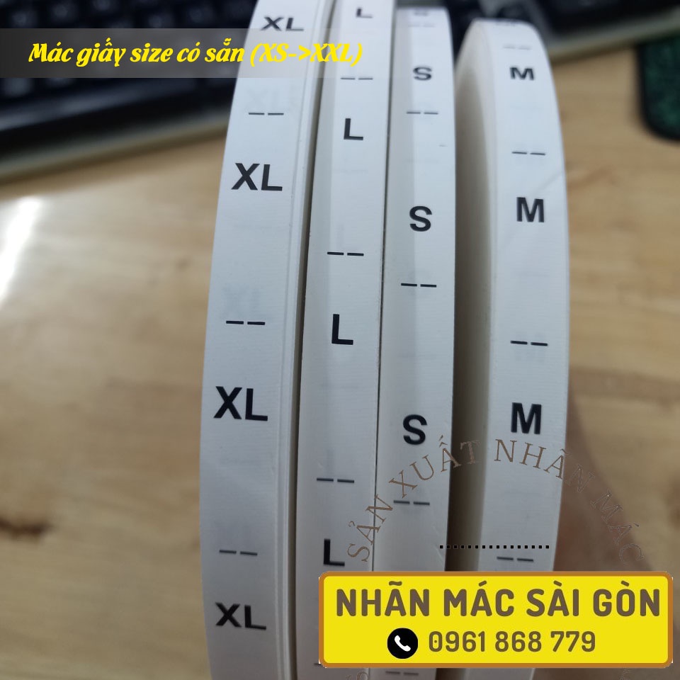 Cuộn mác vải giấy dai 100Met in size sx-xxl hàng có sẵn-Nhãn mác quần áo-nhãn mác size