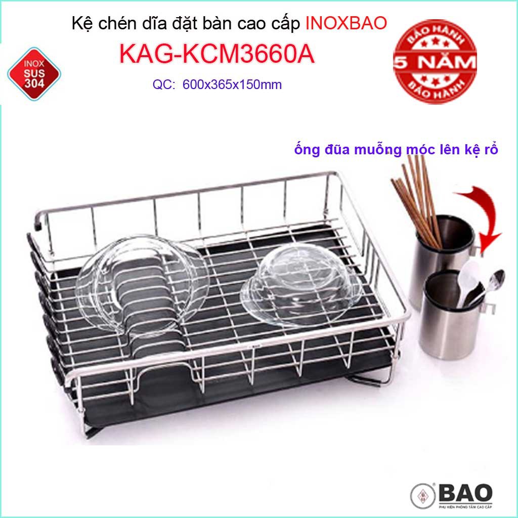 Kệ úp chén dĩa đa năng Inox Bảo KAG-KCM3660A, giá đựng bát đĩa đặt bàn SUS304 dập đặc cao cấp 60cm kèm 2 ống đũa siêu bề