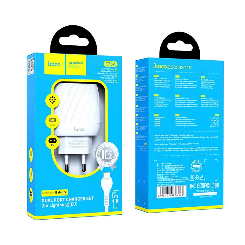 Củ sạc nhanh HOCO C78A 2 cổng USB kèm cáp Lightning Dành cho điện thoại iPhone iP Huawei Samsung Oppo Realme