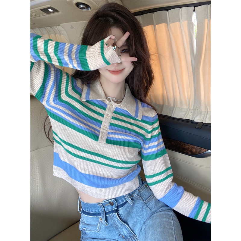 Áo Sweater Dệt Kim Cổ POLO Tay Dài Kẻ Sọc Màu Sắc Thời Trang Mùa Thu Phong Cách Hàn Quốc Cho Nữ
