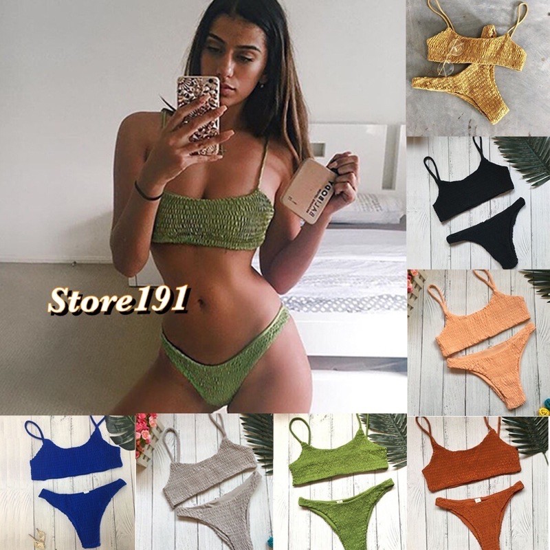 Set Bikini 2 Mảnh Trơn Nhún Gợi Cảm Cho Nữ