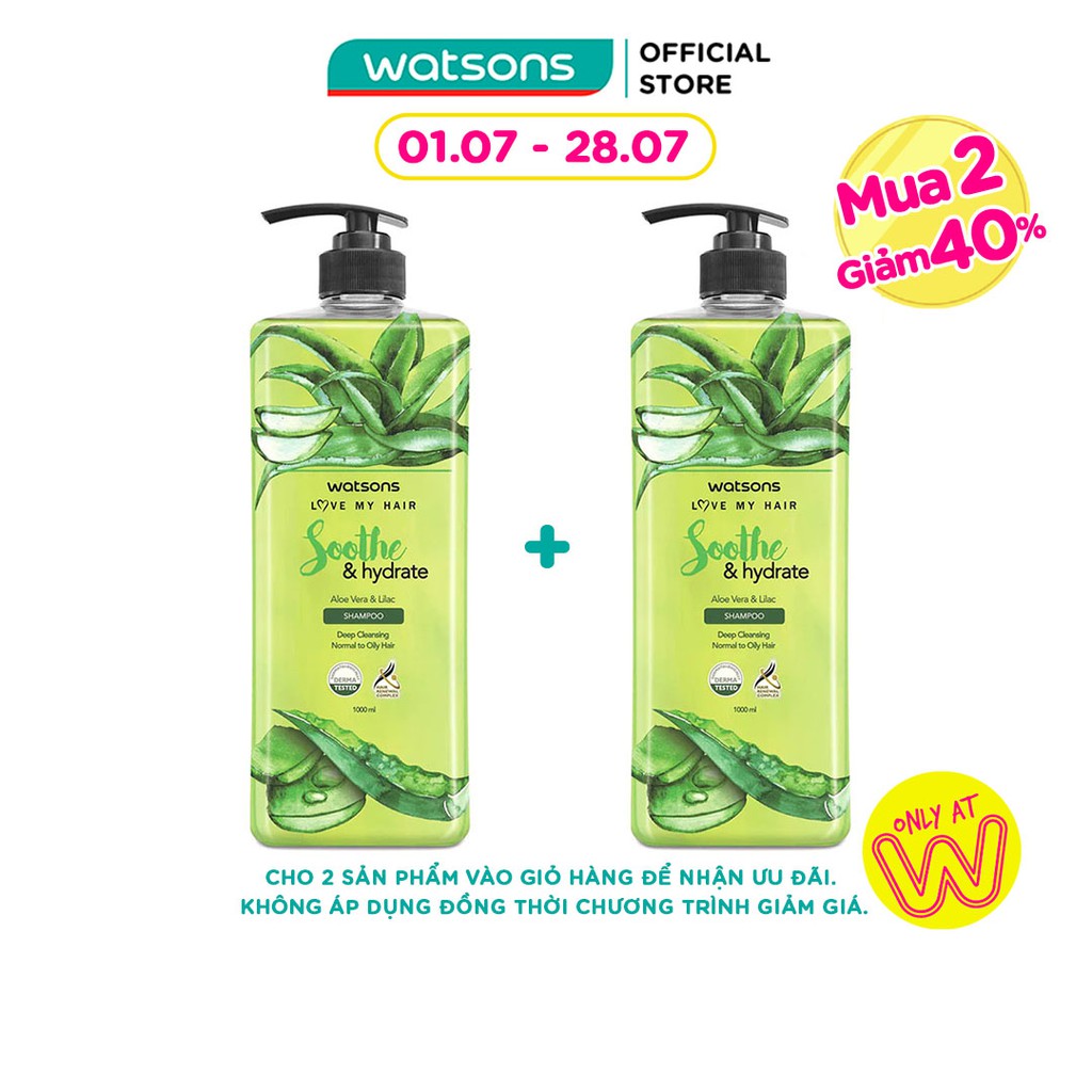 Dầu Gội Watsons Love My Hair Aloe Vera & Lilac Shampoo Cấp Nước Dành Cho Tóc Thường Và Dầu 1000ml