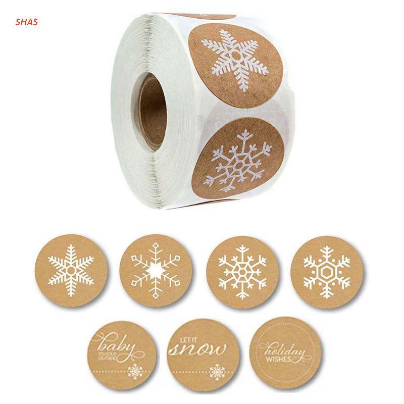 SHAS 500pcs/roll Round Kraft 7 Styles Christmas Snowflake Stickers Seal Labels Scrapbooking Stationery Decor