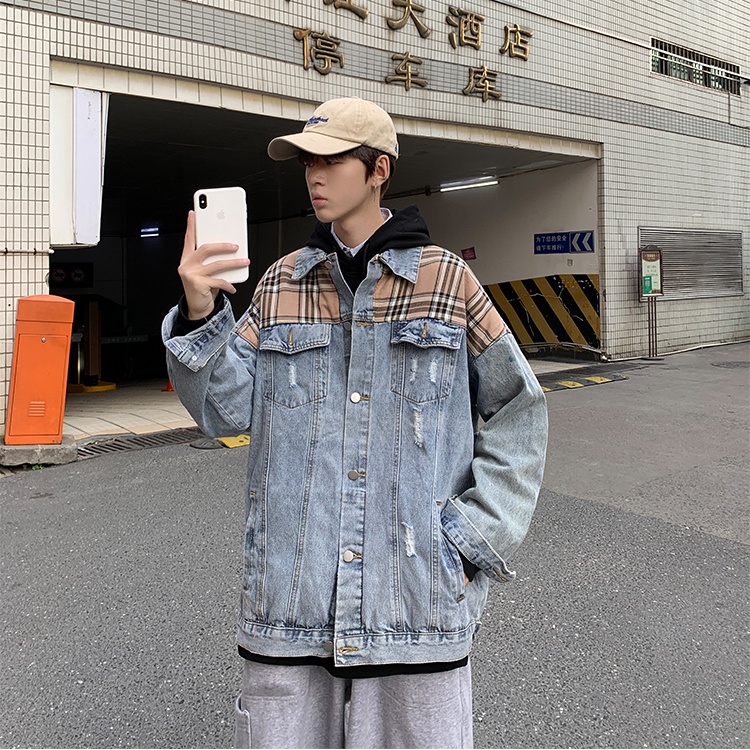Áo khoác jean denim nam nữ unisex form rộng vai phối caro, áo khoát jacket jean nam nữ phong cách Hàn Quốc 2022