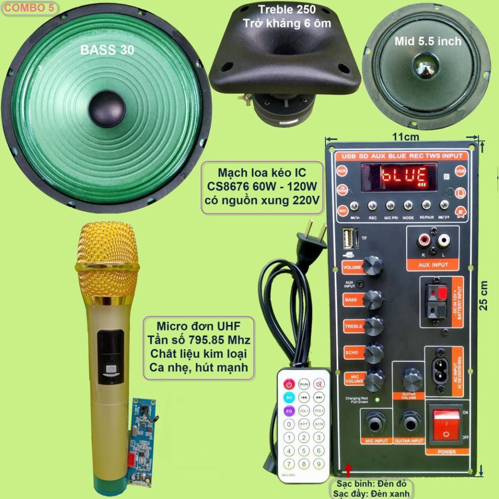 Mạch loa kéo 3 tấc đơn 3 đường tiếng CS8676 công suất 120W có nguồn xung 220V kèm Bass 3 tấc màng xanh Treble 250 Micro