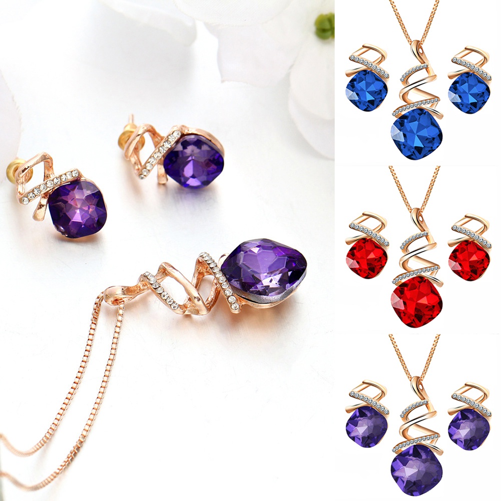 Bộ trang sức dây chuyền + đôi khuyên tai đính đá sang trọng thời trang cho nữ