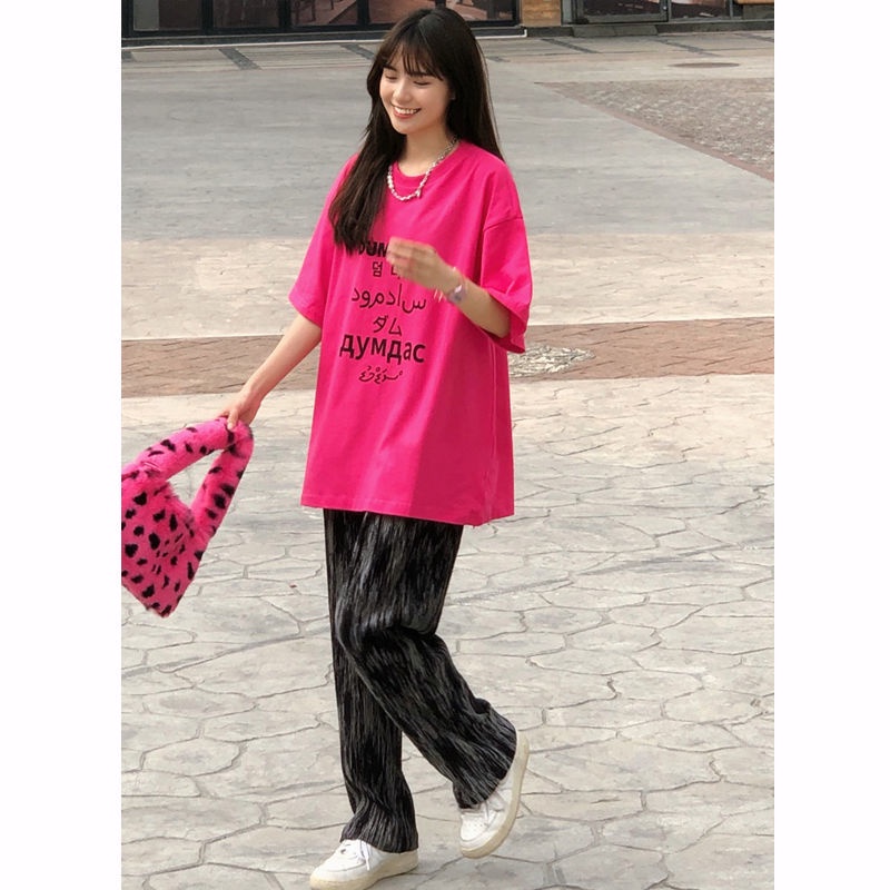 Set Áo Thun Ngắn Tay In Chữ + Quần Dài Ống Rộng Thời Trang Nữ