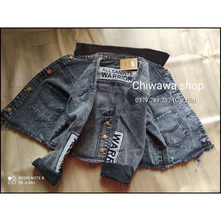 Aó khoác jean nữ xám xanh như hình form dưới 58Kg Warrior xanh BB19