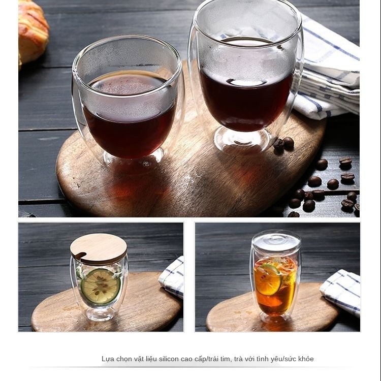 Cốc thủy tinh đôi đơn giản Cách nhiệt Tách trà trong suốt tròn sáng tạo Cà phê chịu ly, ly uống nước trái cây