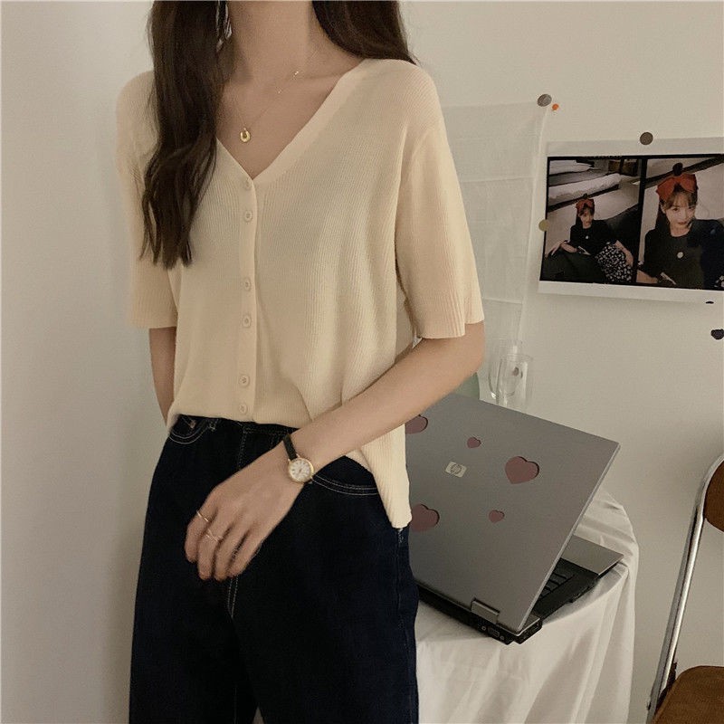 Áo Cardigan Dệt Kim Tay Ngắn Cổ Chữ V Dáng Rộng Màu Đen Đơn Giản Trẻ Trung