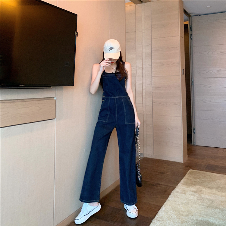 Màu Đậm Yếm Denim Nữ Hàn Quốc Mùa Xuân Lỏng Lẻo Thẳng Eo Cao Mỏng Jumpsuit Hồng KôngchicQuần Rộng | BigBuy360 - bigbuy360.vn