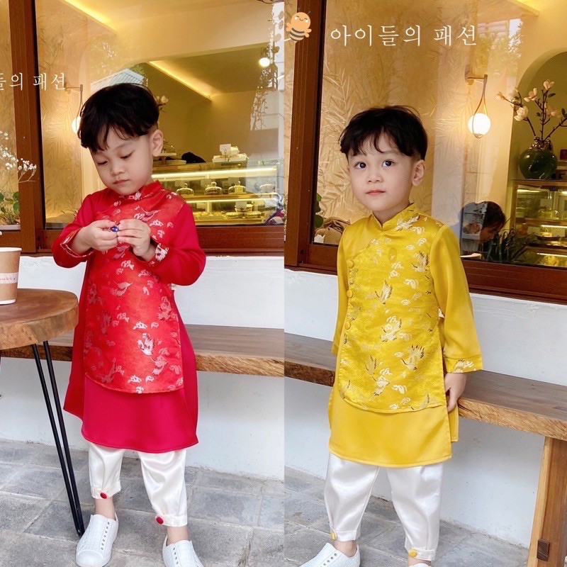 Set áo dài bé trai BEEMO phối hoạ tiết hạc cho bé 8-22kg-S00564