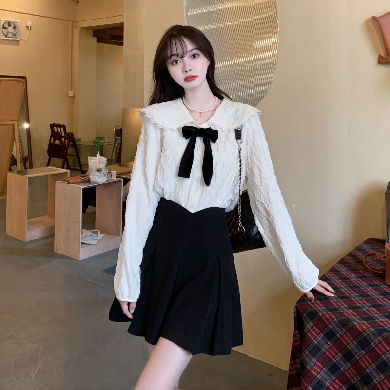 Set Áo Sơ Mi Cổ Búp Bê Dáng Rộng Phối Ren + Chân Váy Thời Trang Xinh Xắn Cho Nữ Plus Size M-4xl