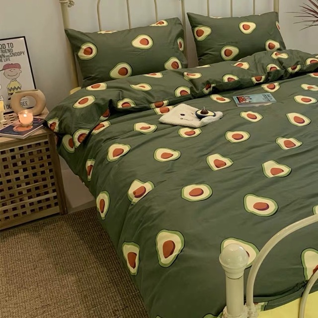 Chăn ga gối Emmibedding chất liệu cotton poly họa tiết quả bơ đáng yêu đủ size miễn phí bo chun