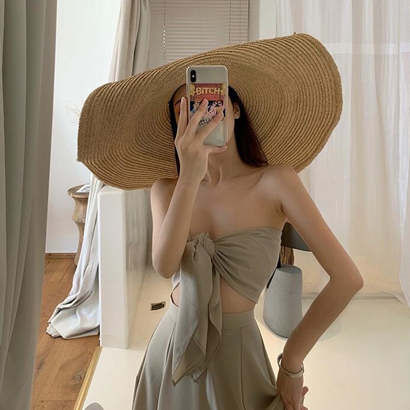 Váy đi biển nữ đầm đi tiệc maxi sang chảnh kiểu Hàn Quốc crotop trễ vai buộc nơ ngực màu xám xinh xắn  053 D4T4