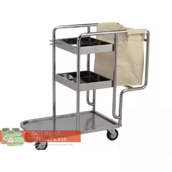 *FREESHIP* Xe dọn vệ sinh Inox, Xe làm vệ sinh 3 tầng, Xe đẩy vệ sinh đa năng (Túi vàng)