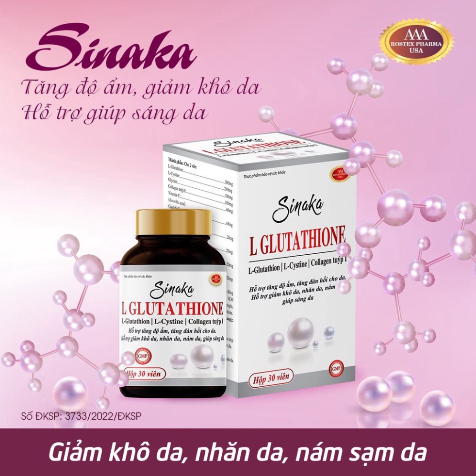 L Glutathione, L Cystine, Collagen đẹp sáng da, giảm khô da, nám sạm da, nhăn da - 30 viên [Sinaka L Glutathion]