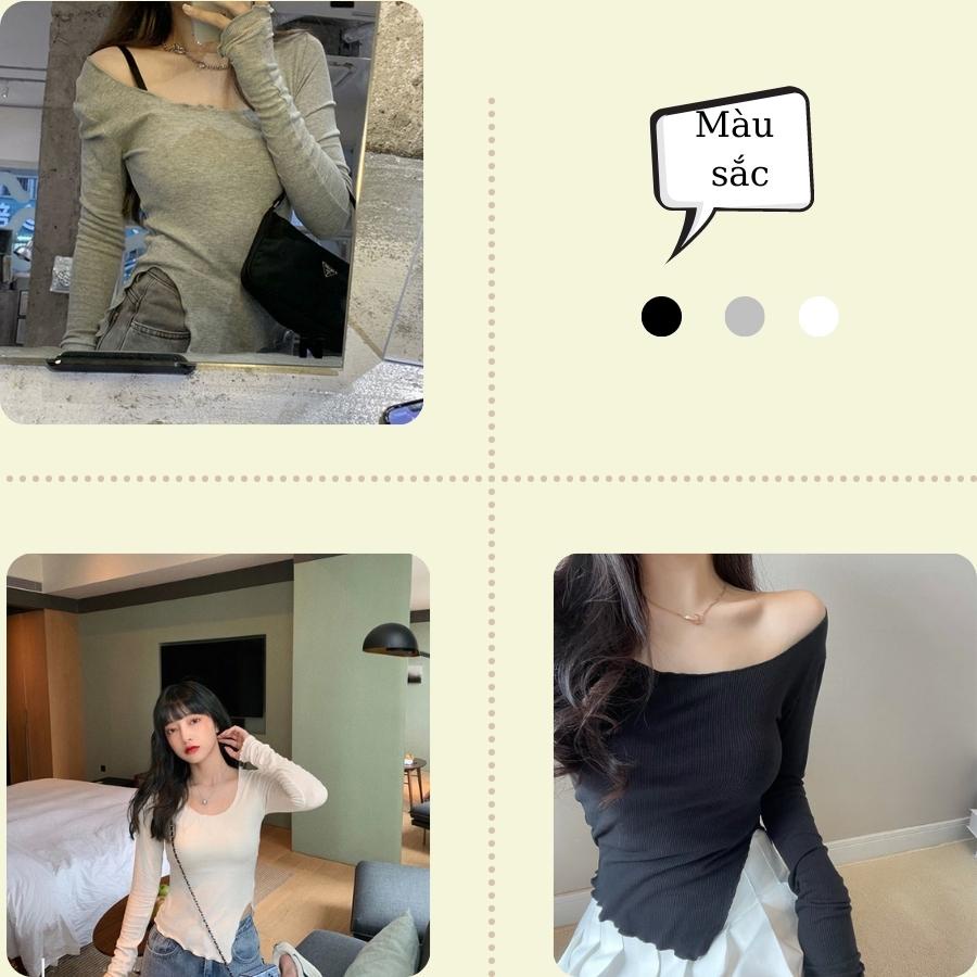 Áo Thu Đông Nữ Body Dài Tay Xẻ Tà Trễ Vai - Áo Croptop Nữ Dài Tay Cổ Bèo Vạt Lệch