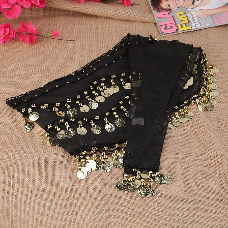 3 Rows 128 Gold Coins Belly Dance Costume Hip Scarf Skirt Belt Wrap Waist